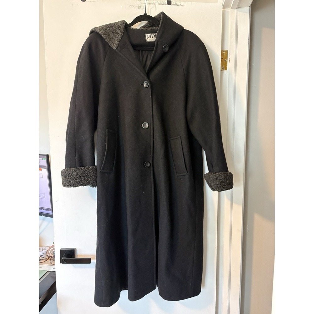 Vintage Mario De Pinto MDP Black Wool Coat Jacket Fleece Hooded Women's USA Made